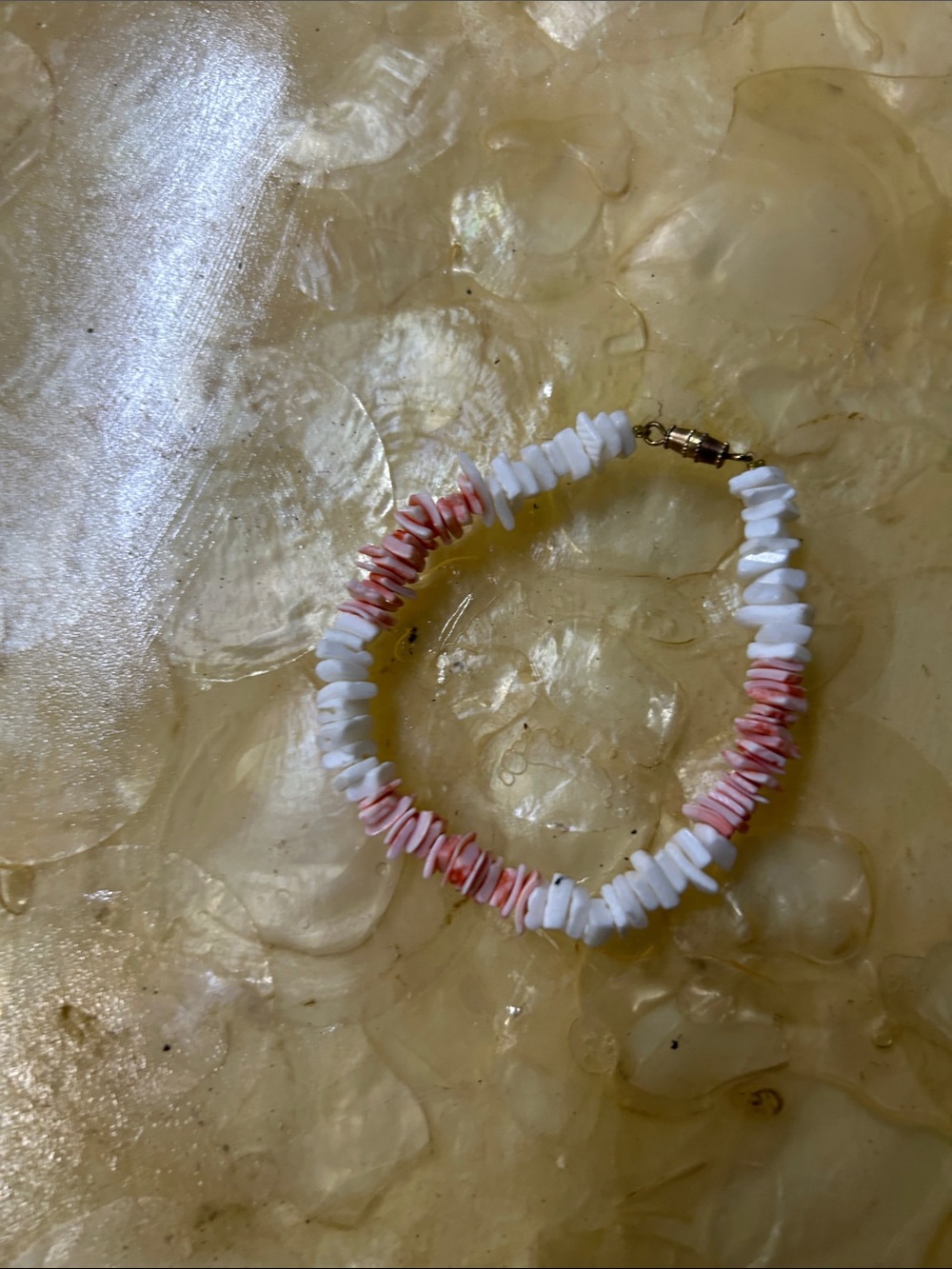 Delicate White and Pink Shell Chip Bracelet with Gold Clasp